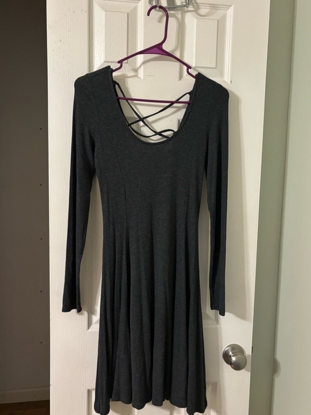 Long Sleeve Dark Gray Swing Dress with Crisscross Back
